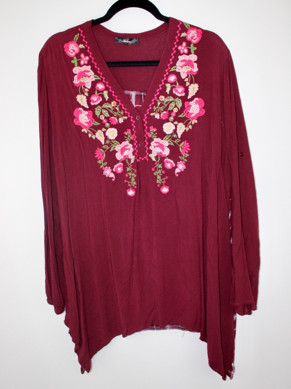 Andree by Unit Burgundy Embroidered Floral Plaid Back Top 3X